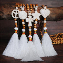 Load image into Gallery viewer, Women's White Thread Ethnic Style Handmade Wooden Beads Necklace - Round Shape with White Tassel