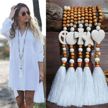 Load image into Gallery viewer, Women's White Thread Ethnic Style Handmade Wooden Beads Necklace - Star Shape with White Tassel