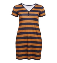 Load image into Gallery viewer, V-Neck Brown Navy Stripe Bodycon Dress