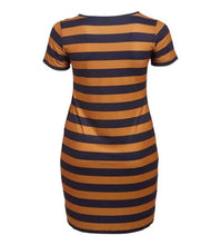 Load image into Gallery viewer, V-Neck Brown Navy Stripe Bodycon Dress