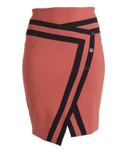 Load image into Gallery viewer, Rapheeze Cross V-Fossil Skirt Marsala Black Contrast-Trim Asymmetrical Pencil Skirt.