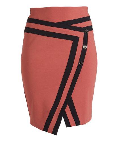 Rapheeze Cross V-Fossil Skirt Marsala Black Contrast-Trim Asymmetrical Pencil Skirt.