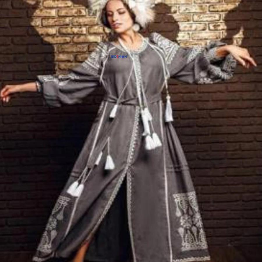 Women's Long Sleeves Grey Dress With White Embroidery
