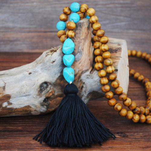 Handmade Wooden Beads Long Necklace & Pendant - 3 Beads Shape with Black Tassel