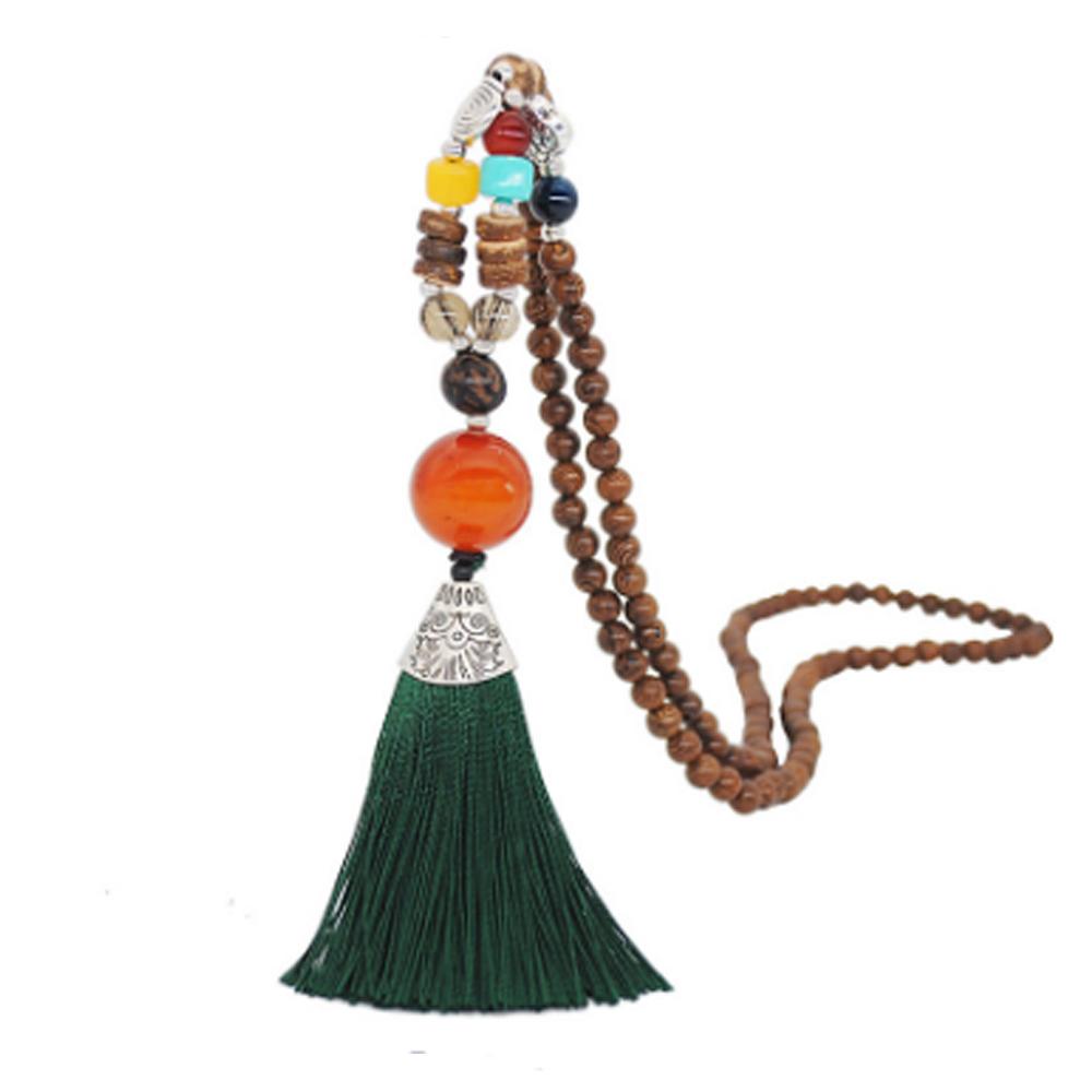 Women's Retro Ethnic Style Handmade Beaded Pendant Necklace - Green Tassel