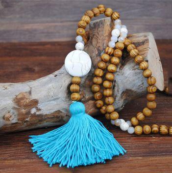 Handmade Wooden Beads Long Necklace & Pendant - Round Shape with Blue Tassel