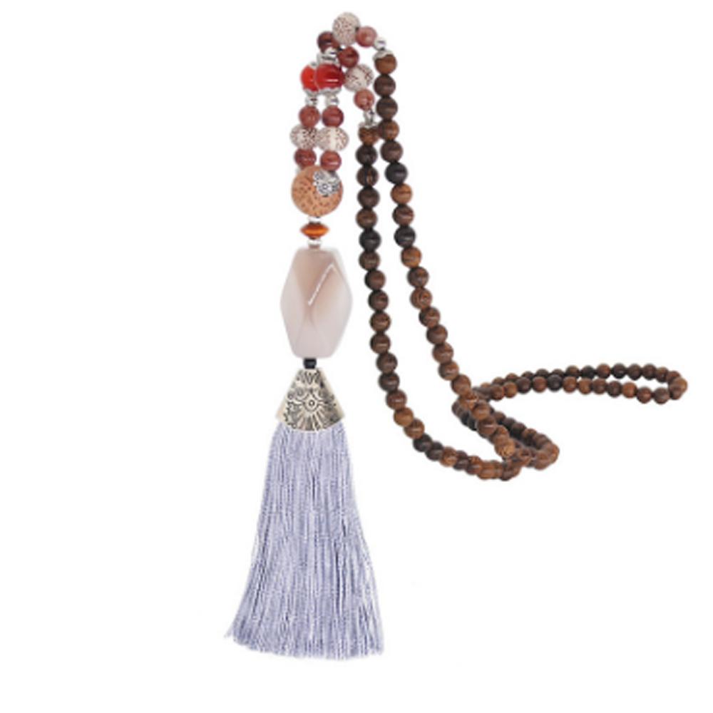 Women's Retro Ethnic Style Handmade Beaded Pendant Necklace - White Tassel
