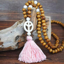 Load image into Gallery viewer, Handmade Wooden Beads Long Necklace &amp; Pendant - Unique Shape with Pink Tassel
