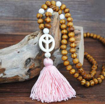 Handmade Wooden Beads Long Necklace & Pendant - Unique Shape with Pink Tassel