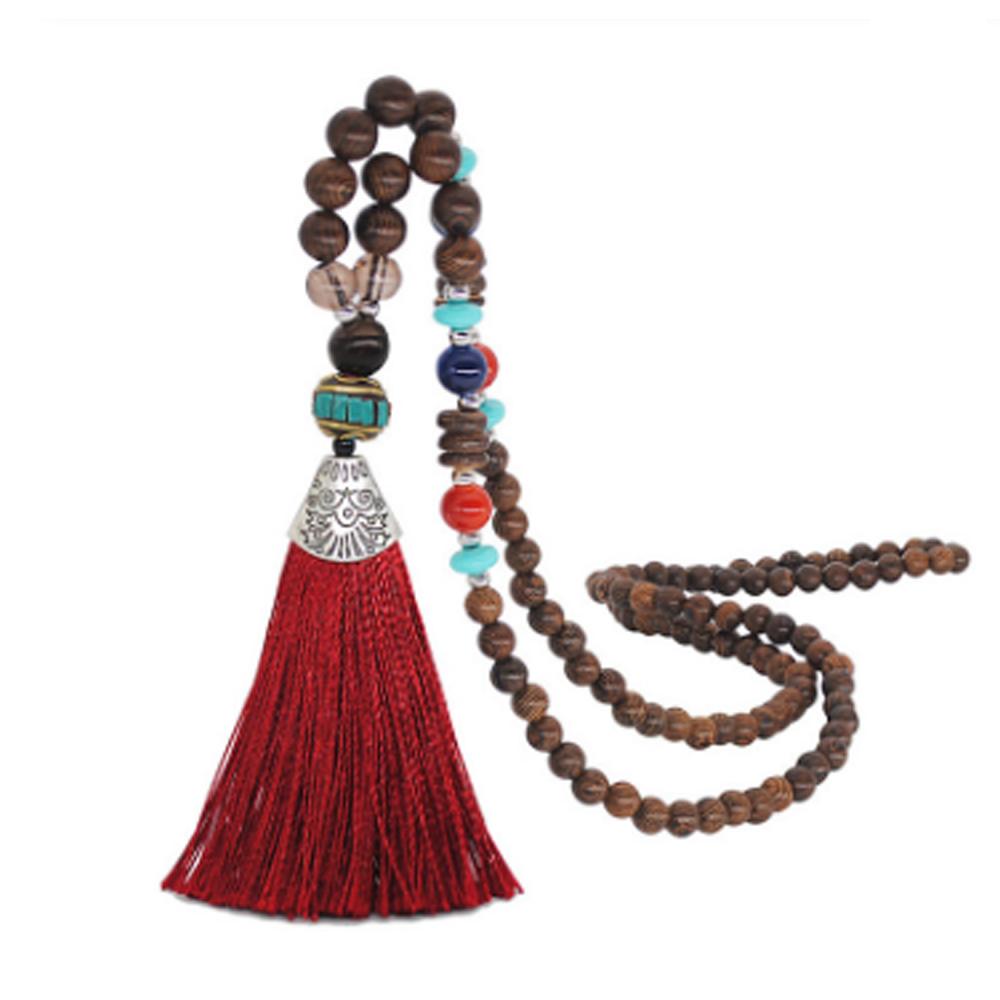 Women's Retro Ethnic Style Handmade Beaded Pendant Necklace - Red Tassel