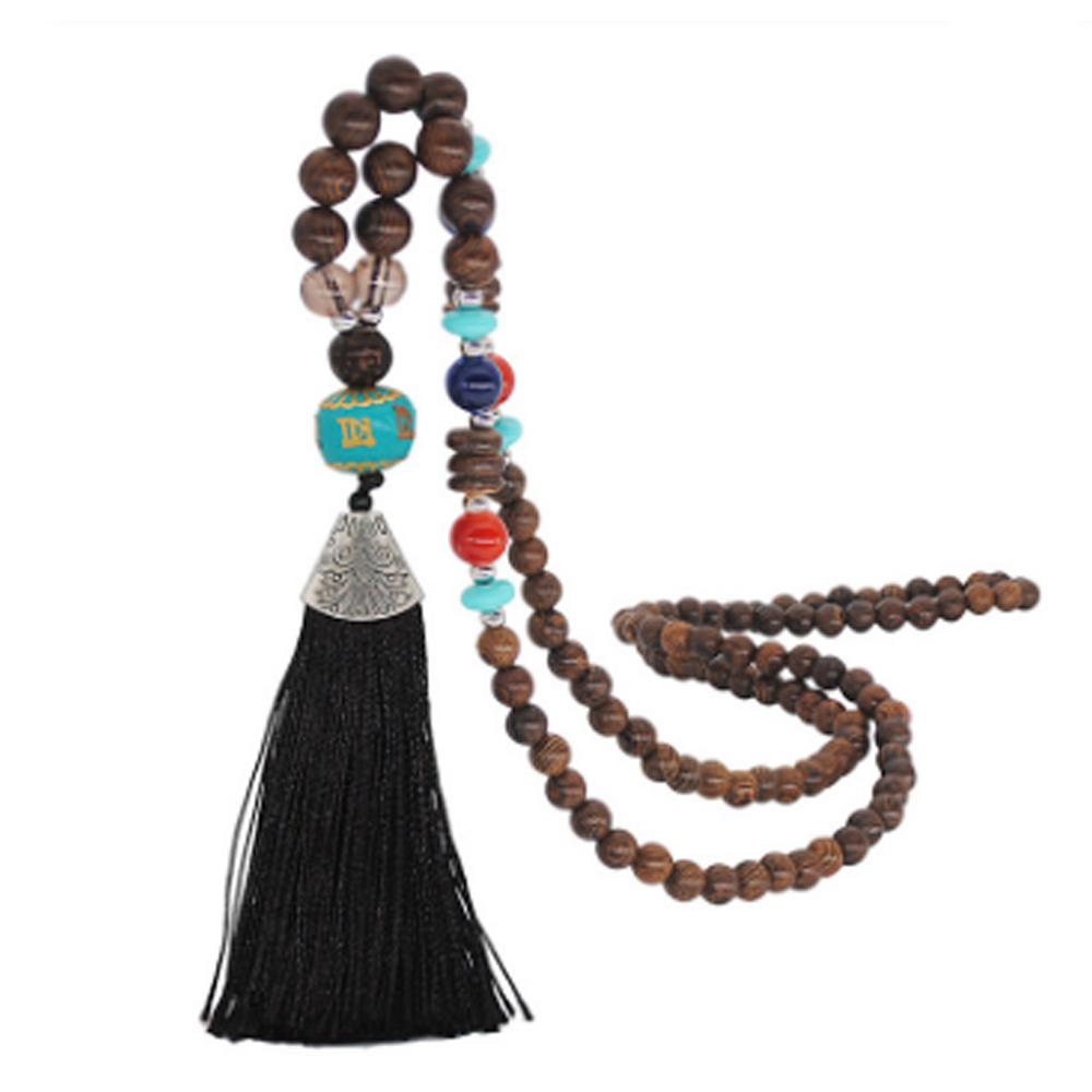 Women's Retro Ethnic Style Handmade Beaded Pendant Necklace - Black Tassel