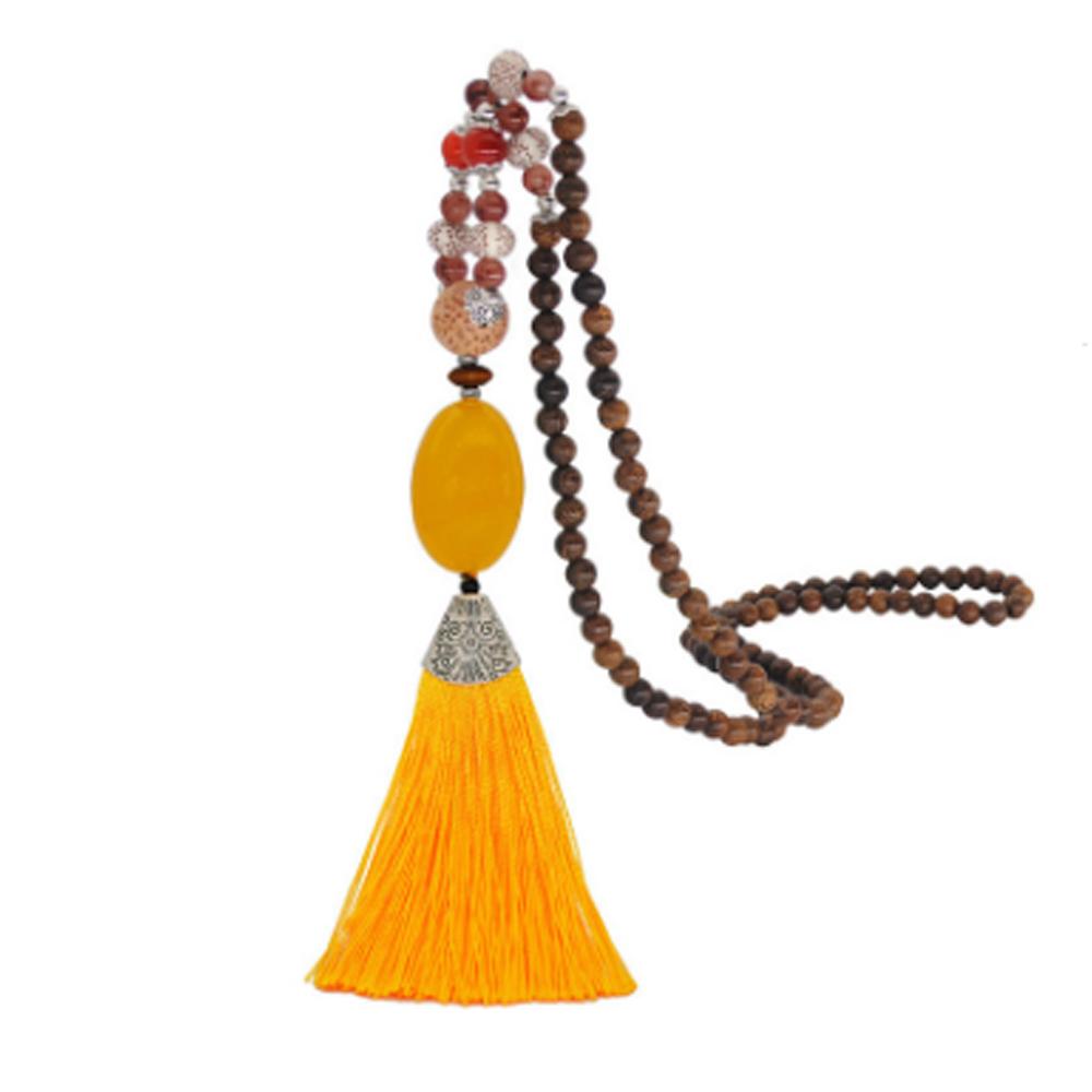 Women's Retro Ethnic Style Handmade Beaded Pendant Necklace - Yellow Tassel