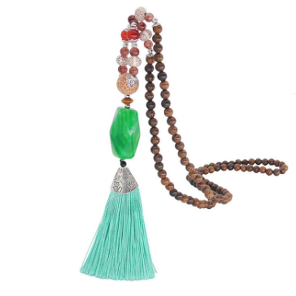 Women's Retro Ethnic Style Handmade Beaded Pendant Necklace - Cyan Tassel
