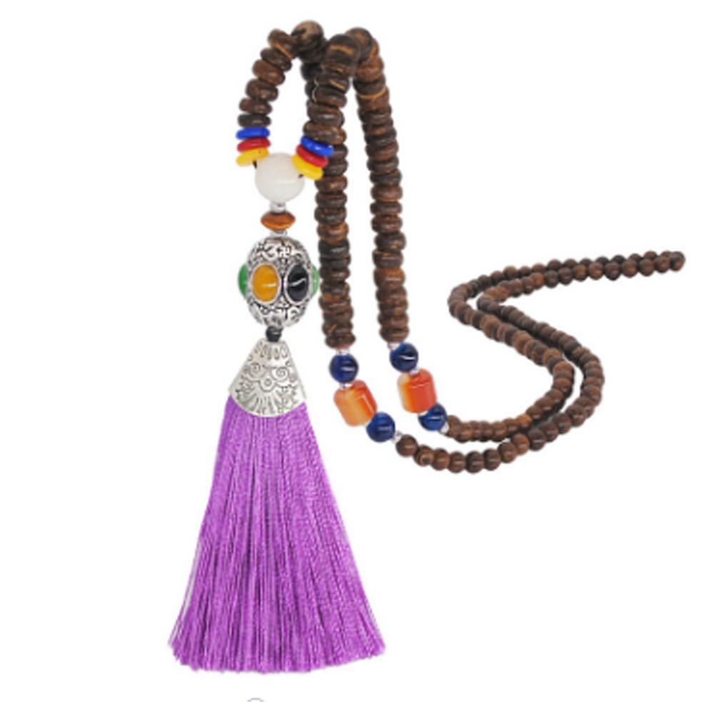 Women's Retro Ethnic Style Handmade Beaded Pendant Necklace - Purple Tassel