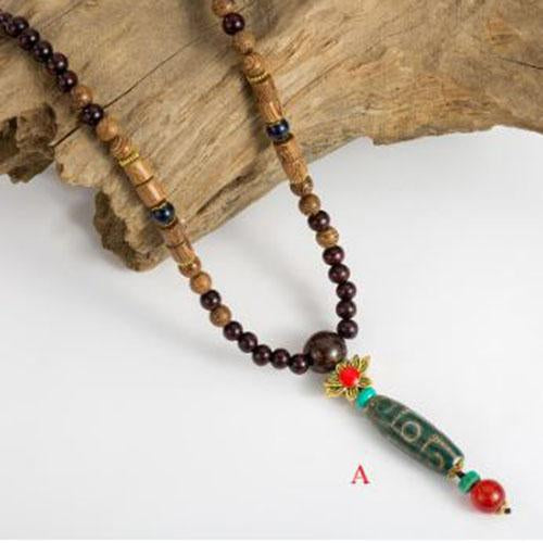 Handmade Wood Beads Pendant & Necklace Ethnic Long Strand Buddhist Mala