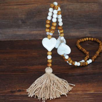Handmade Wooden Beads Long Necklace & Pendant - Heart Shape with Brown Tassel