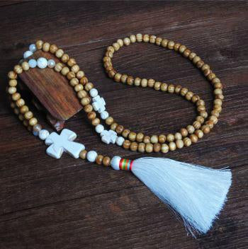 Women's White Thread Ethnic Style Handmade Wooden Beads Necklace - Unique Design with White Tassel