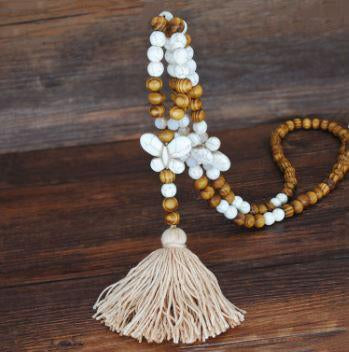 Handmade Wooden Beads Long Necklace & Pendant - Butterfly Shape with Brown Tassel