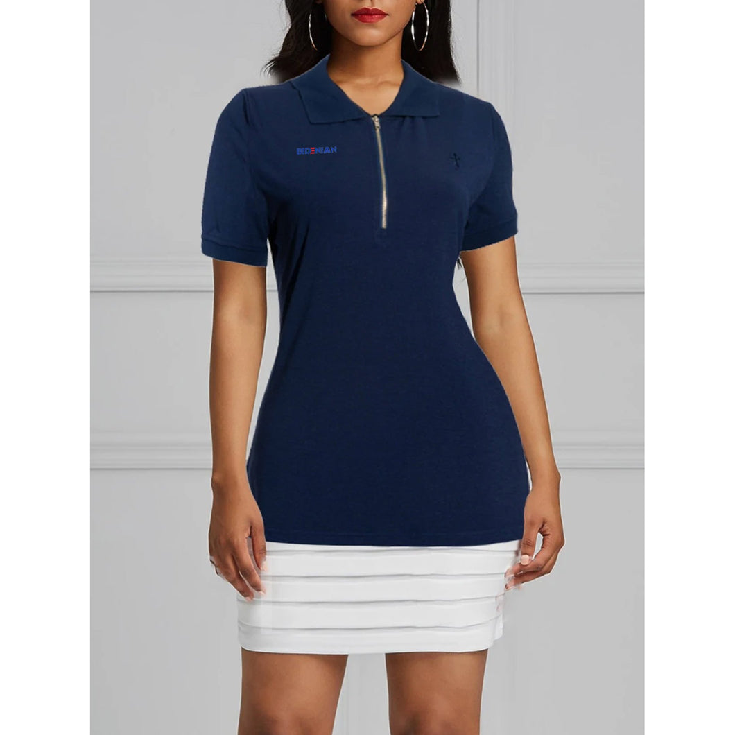 Front Zip Body Contouring UV Protection Polos Top-Navy