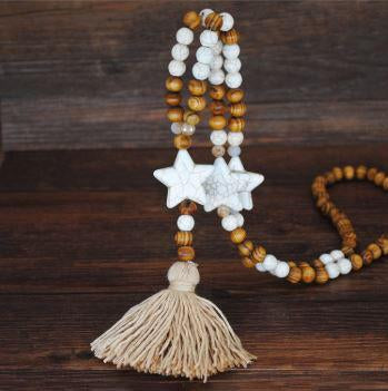 Handmade Wooden Beads Long Necklace & Pendant - Star Shape with Brown Tassel