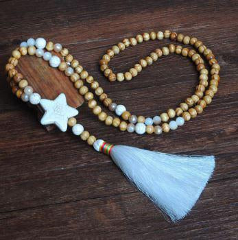 Women's White Thread Ethnic Style Handmade Wooden Beads Necklace - Star Shape with White Tassel