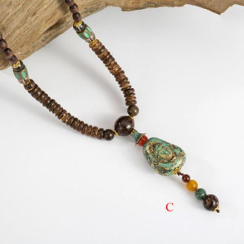 Handmade Wood Beads Pendant & Necklace Ethnic Long Strand Buddhist Mala