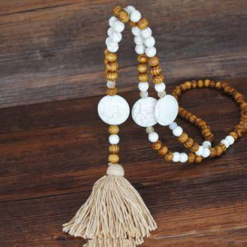 Handmade Wooden Beads Long Necklace & Pendant - Round Shape with Brown Tassel