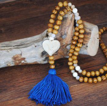 Handmade Wooden Beads Long Necklace & Pendant - Heart Shape with Blue Tassel
