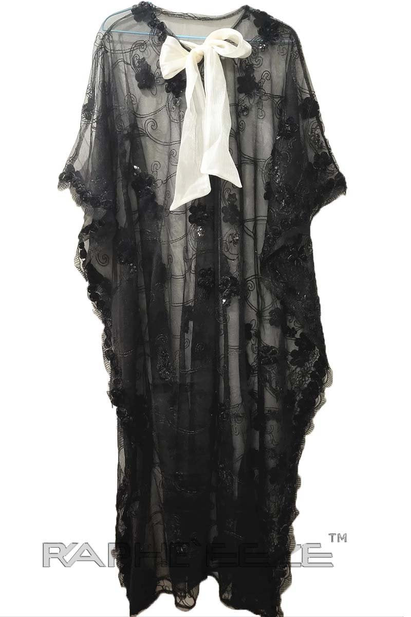 Black Silver Lace Caftan Maxi Gown