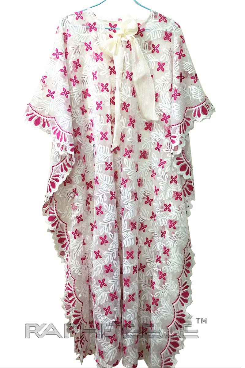 White Pink Cotton Lace Caftan Maxi