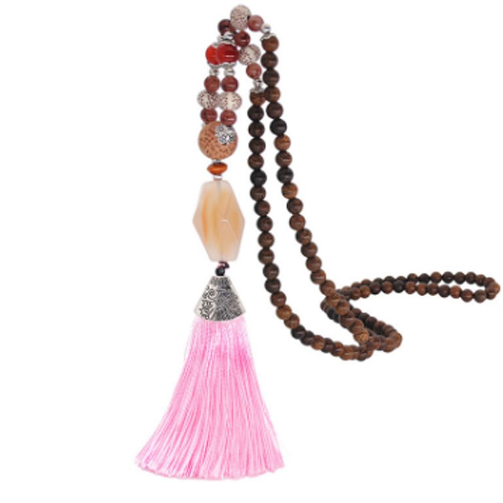 Women's Retro Ethnic Style Handmade Beaded Pendant Necklace - Pink Tassel