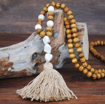 Handmade Wooden Beads Long Necklace & Pendant - 3 Beads Shape with Brown Tassel