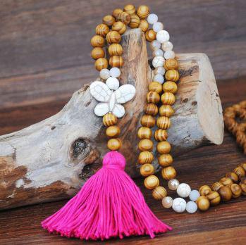 Handmade Wooden Beads Long Necklace & Pendant - Butterfly Shape with Pink Tassel