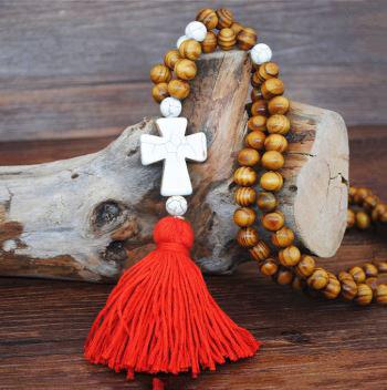 Handmade Wooden Beads Long Necklace & Pendant - Butterfly Shape with Red Tassel