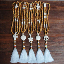 Load image into Gallery viewer, Women&#39;s White Thread Ethnic Style Handmade Wooden Beads Necklace - Unique Shape with White Tassel
