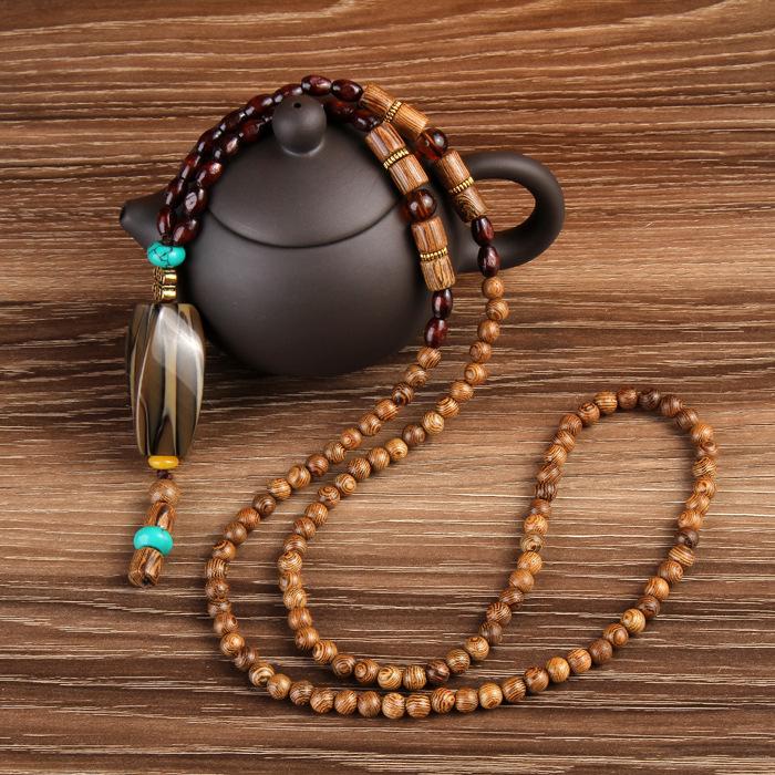 Natural Stone with Wood Beads Pendant Necklaces For Women