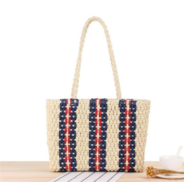 Womens Vintage Casual Bags with Colorful Striped Beach Straw Tote Bags