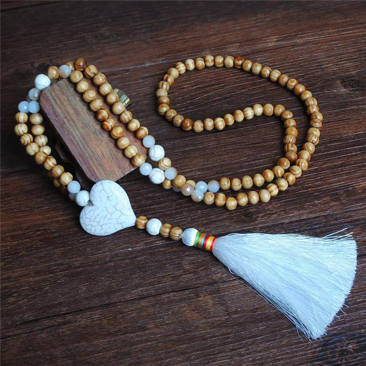 Women's White Thread Ethnic Style Handmade Wooden Beads Necklace - Heart Shape with White Tassel