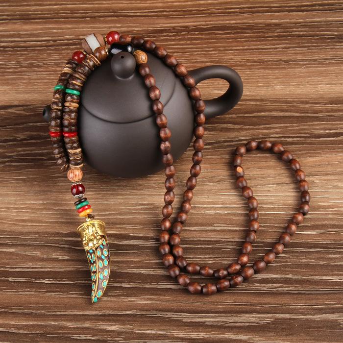 Buddhist Natural Stone With Wood Beads Pendant