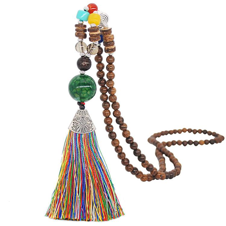 Women's Retro Ethnic Style Handmade Beaded Pendant Necklace - Multi-color Tassel