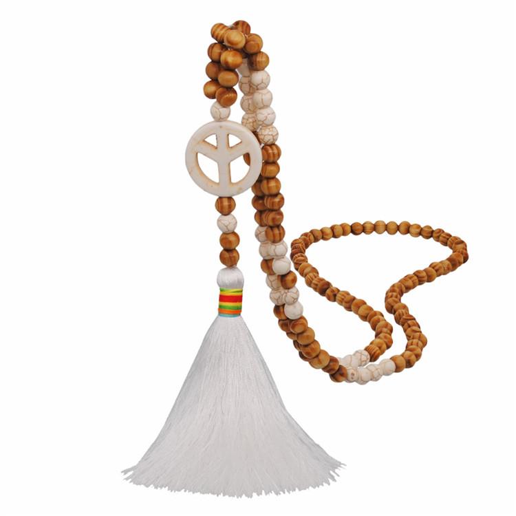 Women's White Thread Ethnic Style Handmade Wooden Beads Necklace - Unique Shape with White Tassel