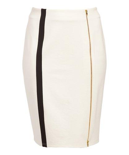 Rapheeze Italian Knee Length Skirt White & Black Contrast-Trim Zipper Pencil Skirt