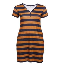 Load image into Gallery viewer, V-Neck Brown Navy Stripe Bodycon Dress
