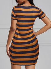 Load image into Gallery viewer, V-Neck Brown Navy Stripe Bodycon Dress
