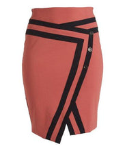 Load image into Gallery viewer, Rapheeze Cross V-Fossil Skirt Marsala Black Contrast-Trim Asymmetrical Pencil Skirt.
