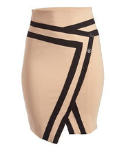 Load image into Gallery viewer, Rapheeze Cross V-Fossil Skirt Tan Contrast-Trim Asymmetrical Pencil Skirt
