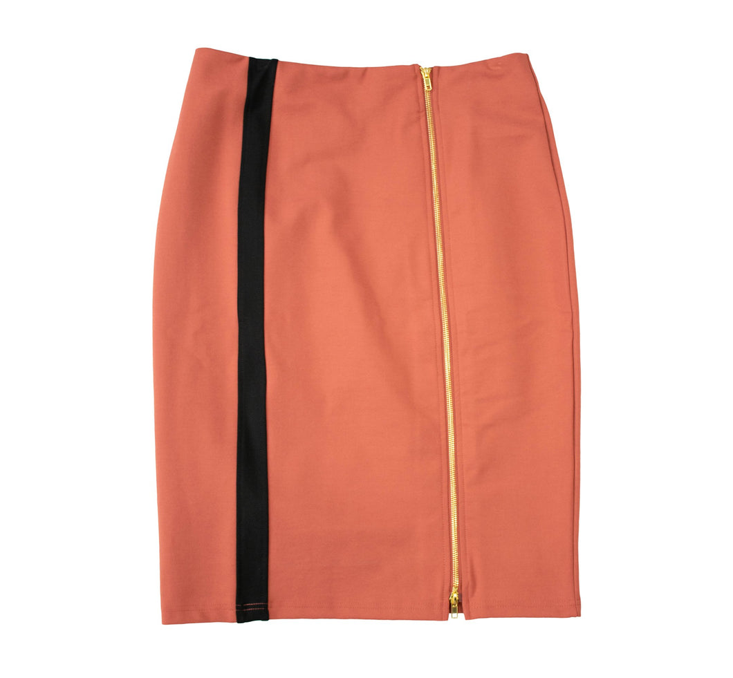 Rapheeze Italian Knee Length Skirt Marsala & Black Contrast-Trim Zipper Pencil Skirt