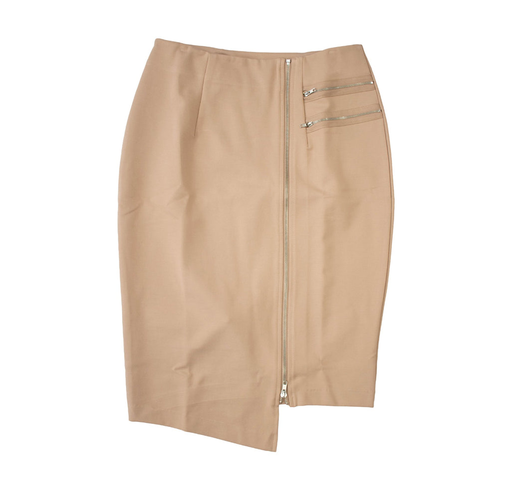 English Italian Hip Curvy Tan Asymmetrical Zip Skirt
