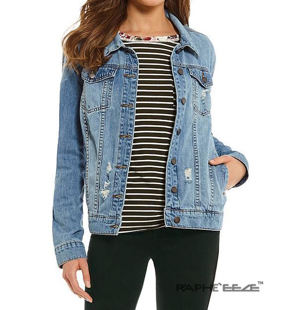 Strong Washed Blue Zipper style Denim Jacket with Long Sleeve for Woman