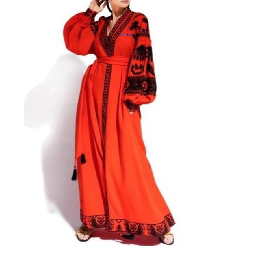 Women's Long sleeves Orange Dress with Black Embroidery